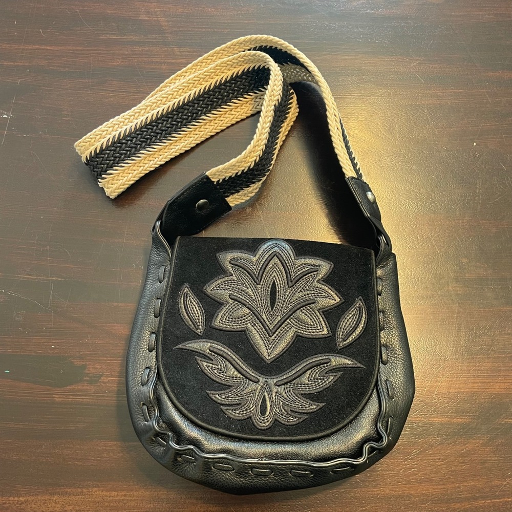 Sam Edelman Black Leather Embroidered Floral Crossbody Bag Woven Strap Boho